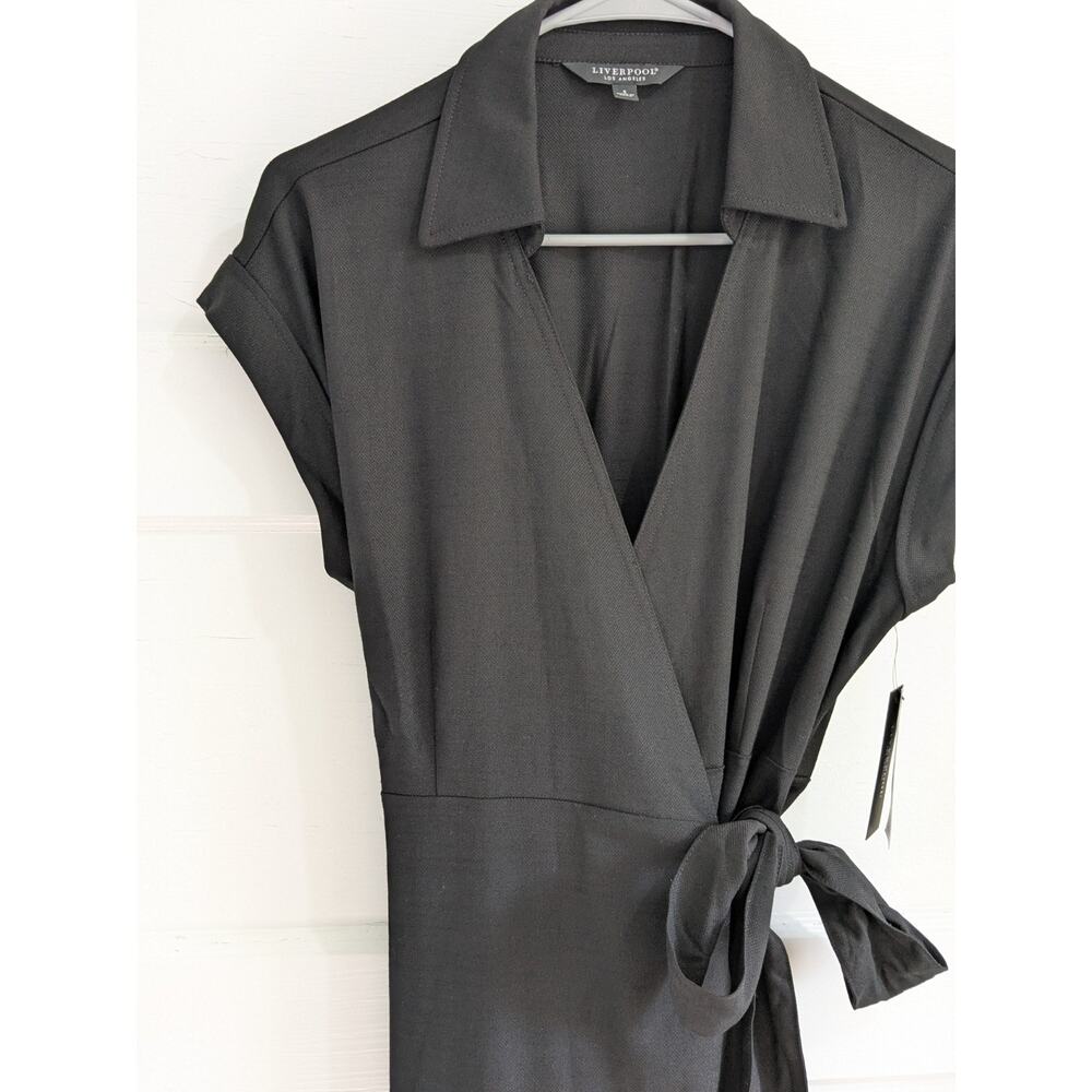 NWT Liverpool Los Angeles Black Collared Wrap Dress Midi S Stretch Pockets